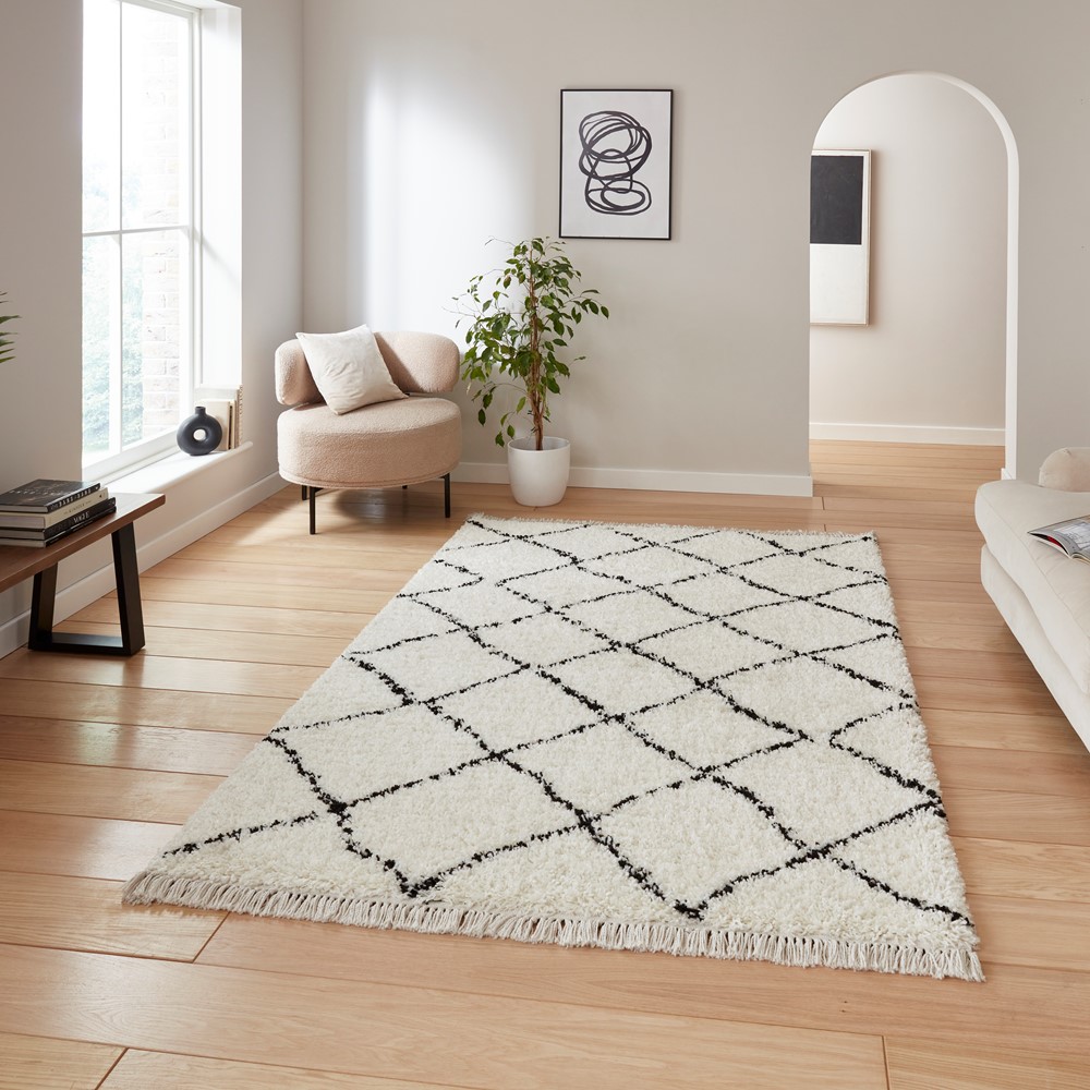 Boho 5413 Berber Shaggy Modern Rugs in White Black